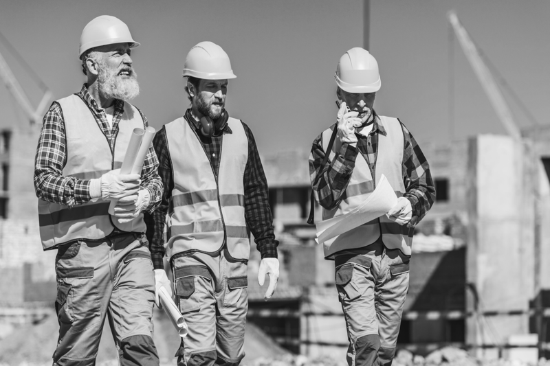 Three workers in reflective vests and hardhats walking together, with building plans and portable radio in their hands