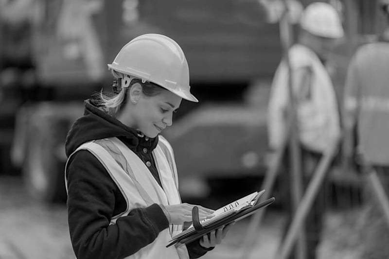 female construction worker with hardhat holding notebook outside at construction site