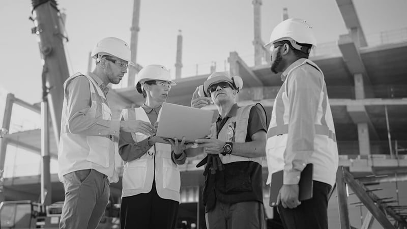 four contractors outside with hardhats, goggles, and a laptop reviewing construction worksite plans as a team