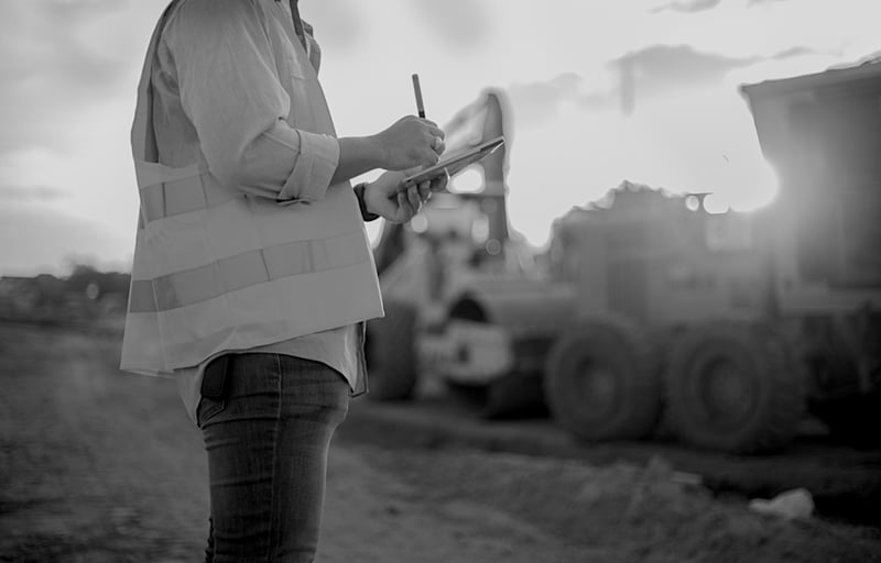 construction worker holding a pen and notepad outside near a tractor