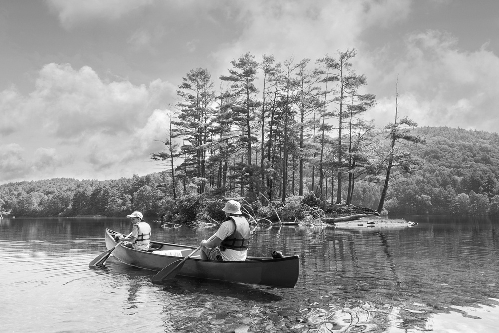 two people on a canoe in shallow water near an island with trees 