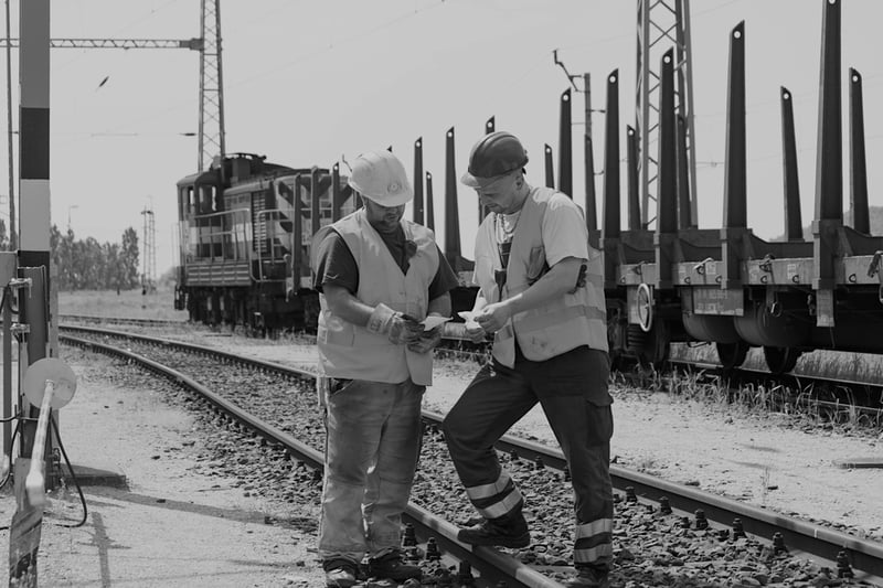 two male construction workers with hard hats at railroad tracks