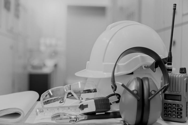 construction hard hat, earphones, protective glasses, and ruler on a desk