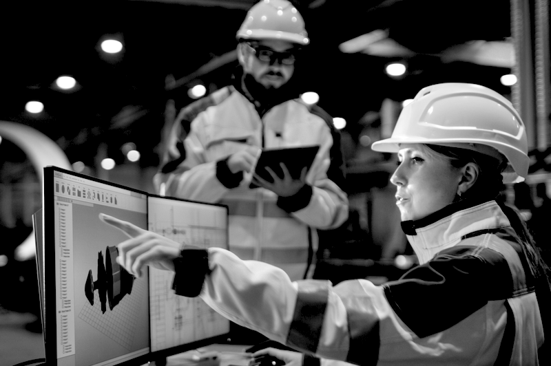 Female Industrial Engineer Works on Personal Computer She Designs 3D Engine Model, Her Male Colleague Talks with Her and Uses Tablet Computer. Low Angle Shot.