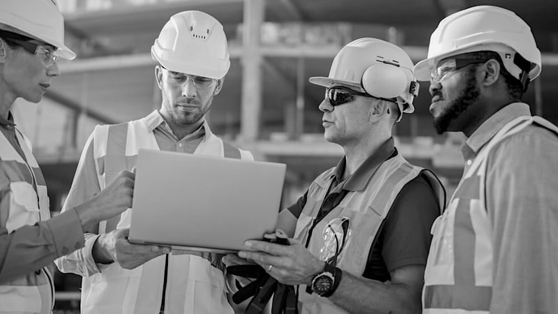 three male and one female construction workers with hardhats looking at laptop screen together at project site