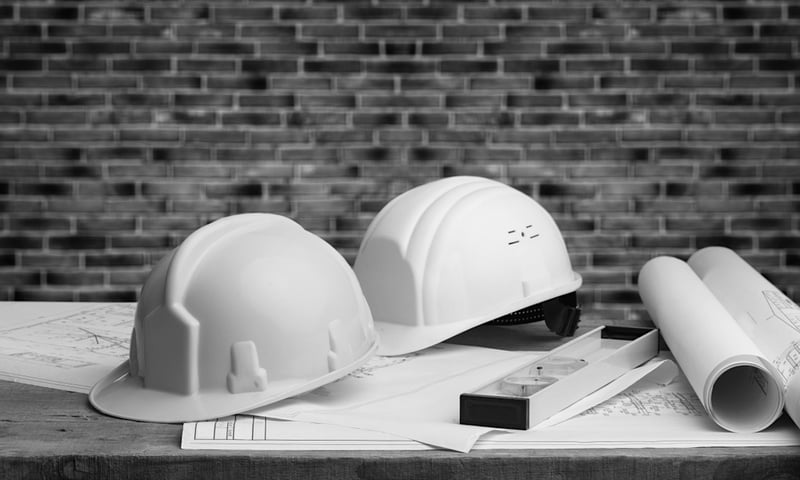 two construction hardhats and paper plans on a desk in front of brick wall