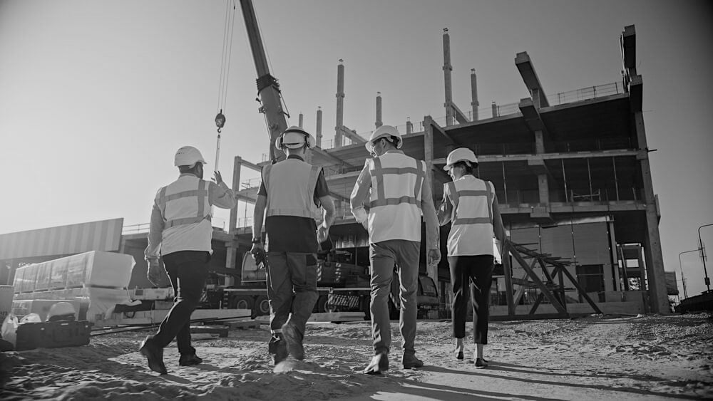 group of construction workers from behind walking toward a project site