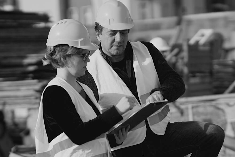female and male construction workers reviewing worksite plans outside on a tablet